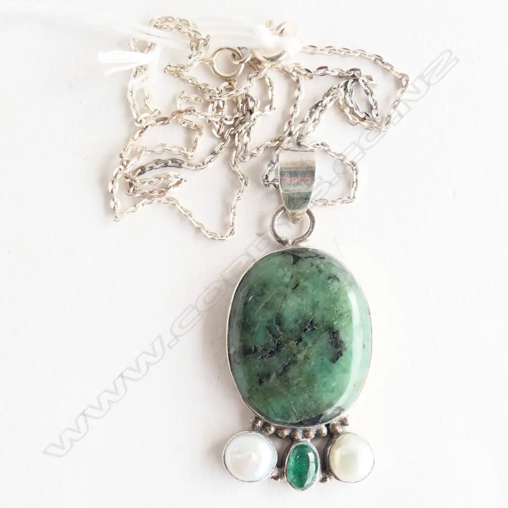 POUNAMU SILVER & MABE PEARL PENDANT w. SILVER CHAIN new old stock Image 1++