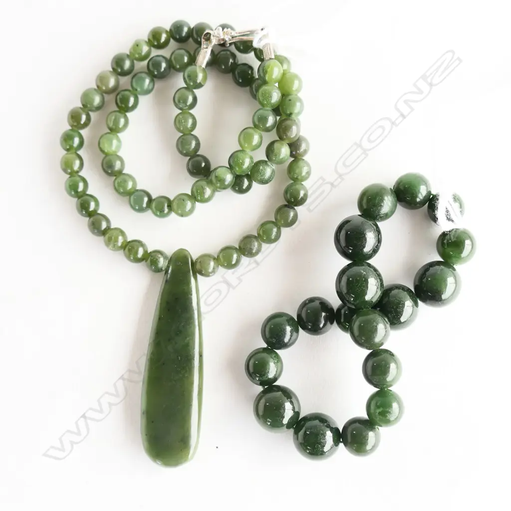 JADE NECKLACE w SILVER CLASP & JADE BRACELET new old stock Image 1++