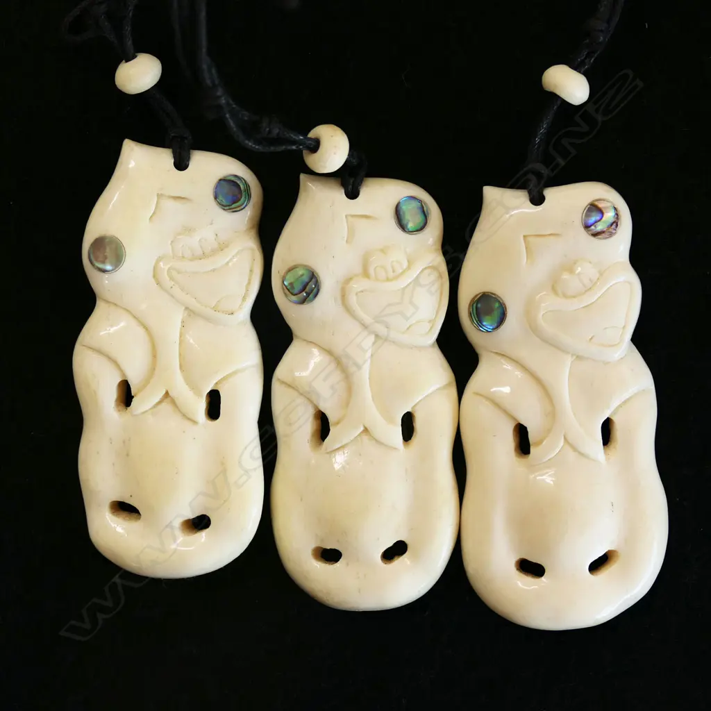 3 CONTEMPORARY BONE HEI TIKI PENDANTS ON LEATHER THONGS new old stock Image 1++