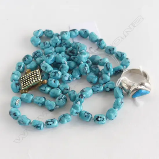 RETRO DOUBLE STRAND FAUX TURQUOISE (GLASS BEAD) NECKLACE + STG SILVER RING