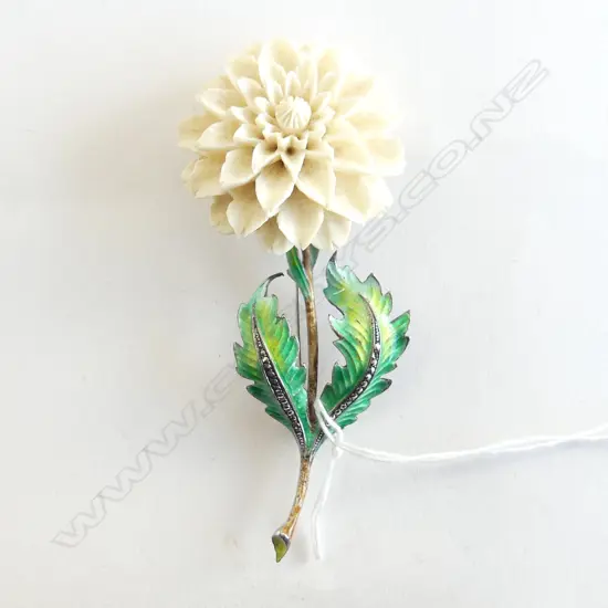 QUALITY VINTAGE GERMAN CARVED IVORY CHRYSANTHANUM SILVER & ENAMEL & MARQISITE LGE BROOCH L.105mm