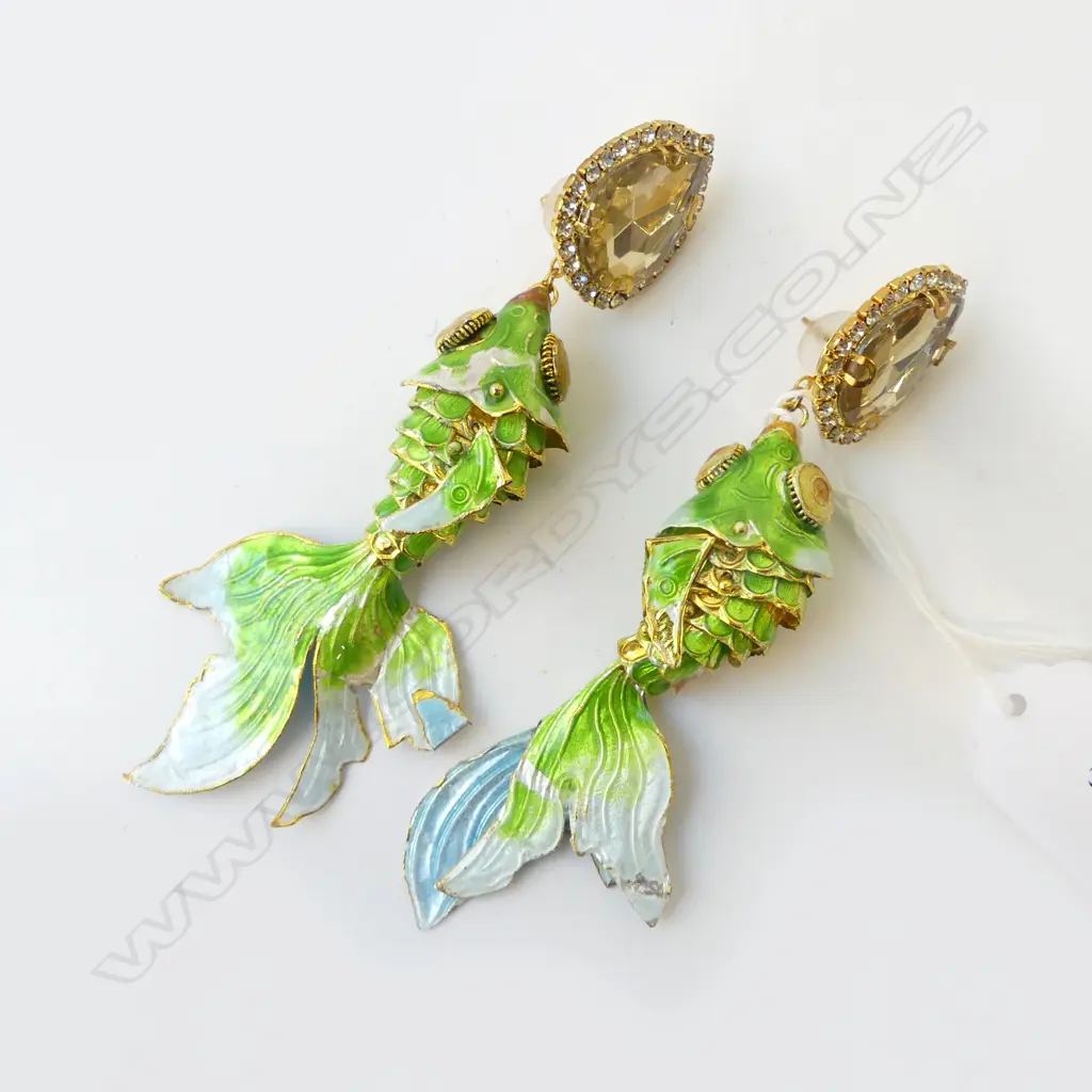 ARTICULATED GOLDFISH SHAPED ENAMELED EARINGS IN120MM DROP SOME FAULTS Image 1++