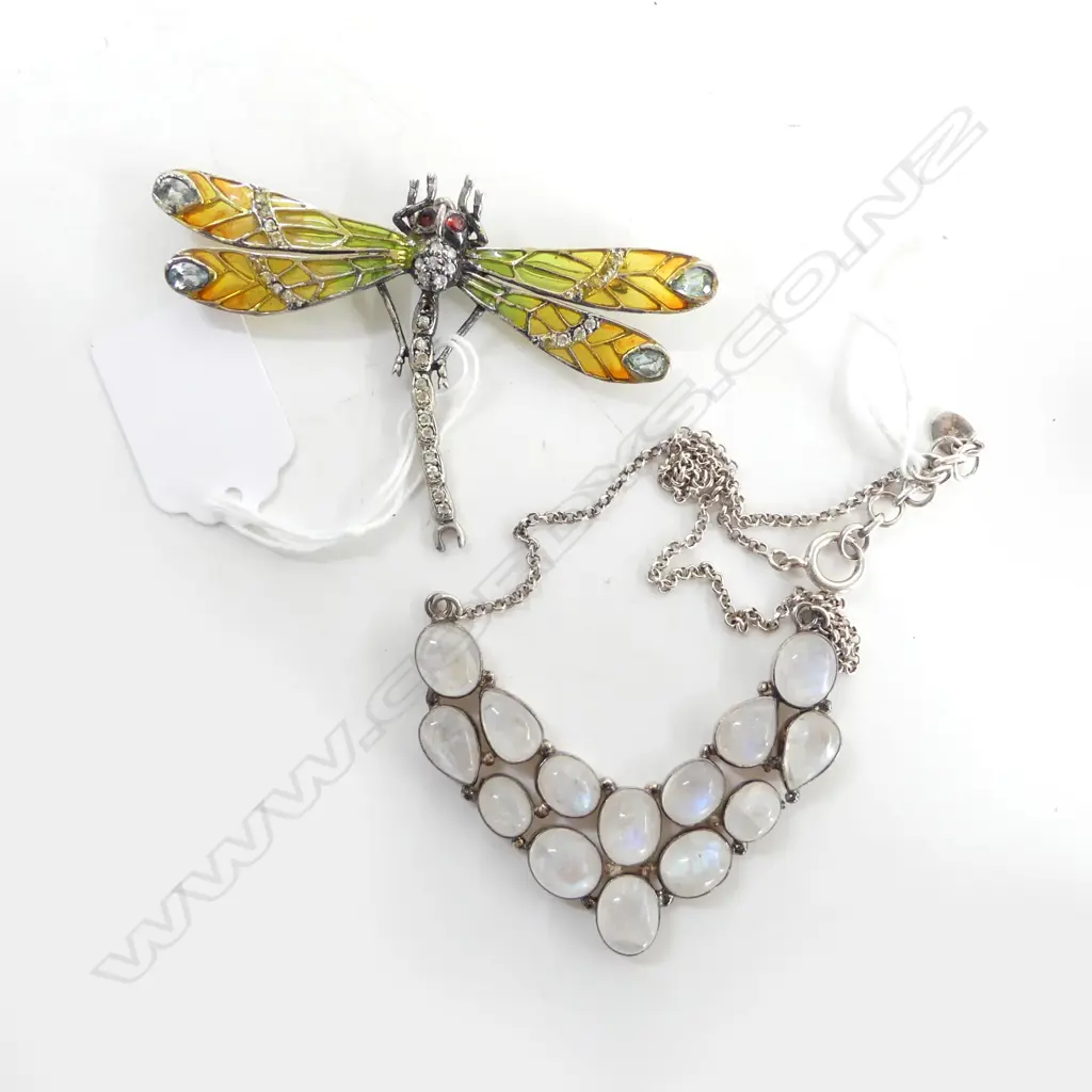 VINTAGE DRAGONFLY BROOCH 925 & GLASS, W.85mm & SILVER & MOONSTONE NECKLACE Image 1++
