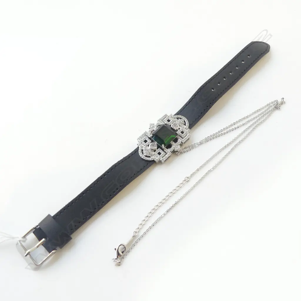 DECO STYLE FAUX EMERALD/DIAMOND CUFF BAND/PENDANT w CHAIN Image 1++