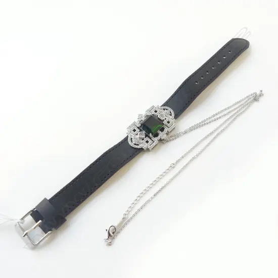 DECO STYLE FAUX EMERALD/DIAMOND CUFF BAND/PENDANT w CHAIN