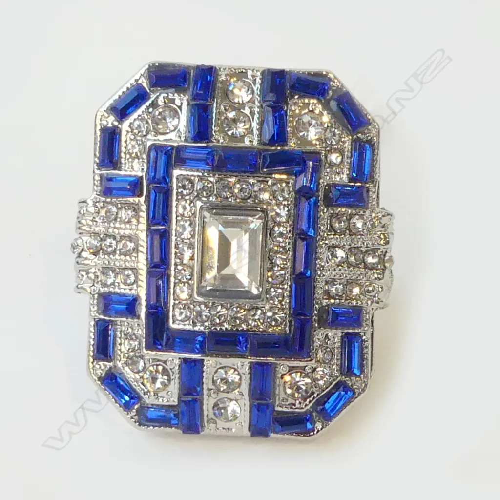 SUBSTANTIAL COSTUME FAUX SAPPHIRE & FAUX DIAMOND DECO STYLE RING Image 1++