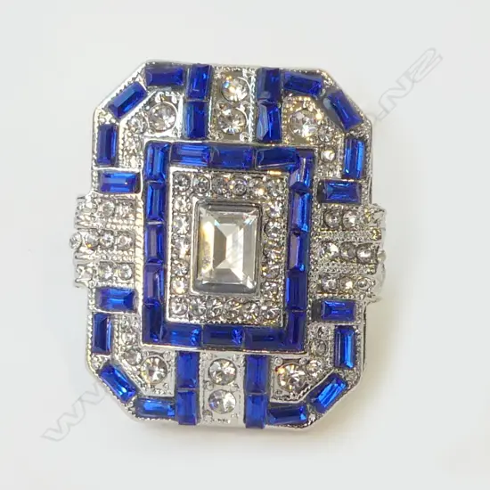 SUBSTANTIAL COSTUME FAUX SAPPHIRE & FAUX DIAMOND DECO STYLE RING