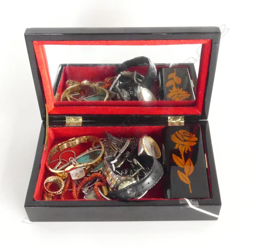 BLACK LACQUERED JEWEL BOX W ASST. COSTUME JEWELLERY + WRISTWATCHES  Image 1++