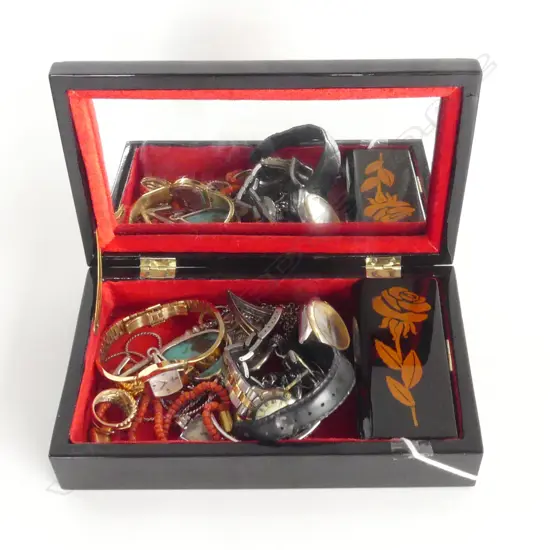 BLACK LACQUERED JEWEL BOX W ASST. COSTUME JEWELLERY + WRISTWATCHES 