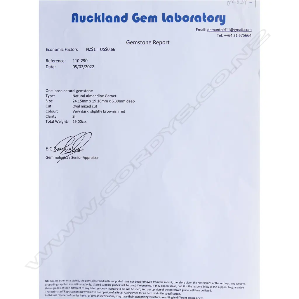 29ct ALMANDINE GARNET, OVAL MIXED CUT w. CERT. Image 1++