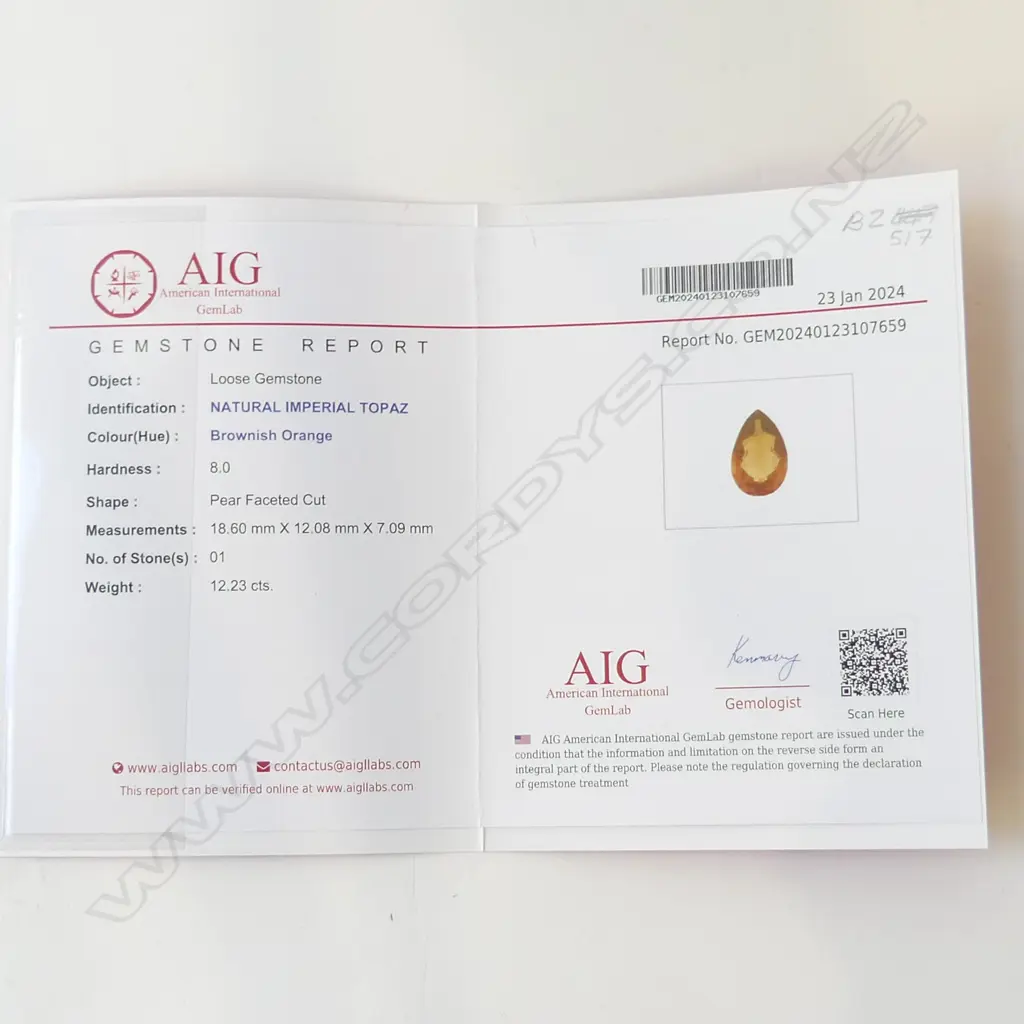 NATURAL IMPERIAL PEAR CUT TOPAZ, 12.23cts, AIG report  (CHIP TO POINT) Image 1++