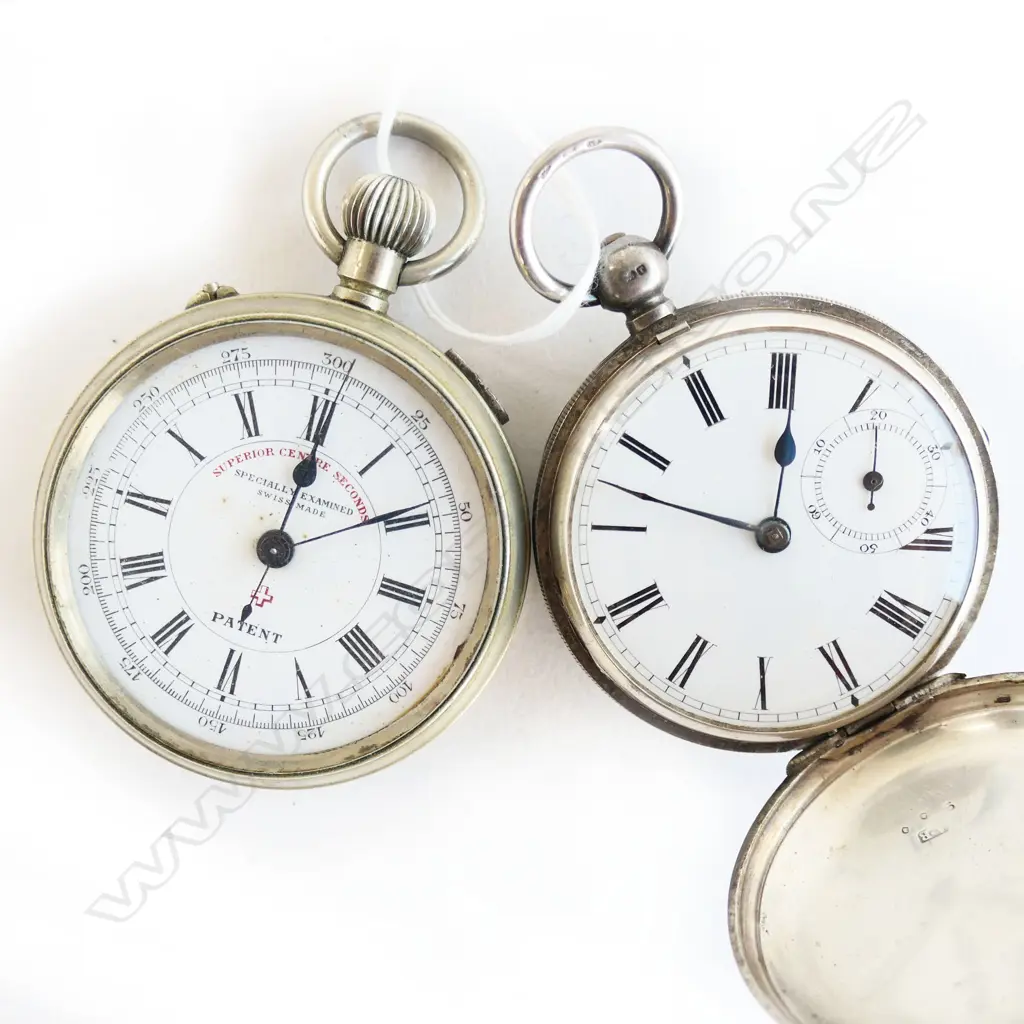 2 GENT'S FOB WATCHES: 'SUPERIOR CENTRE SECONDS' + SILVER WALTHAM key wind  Image 1++
