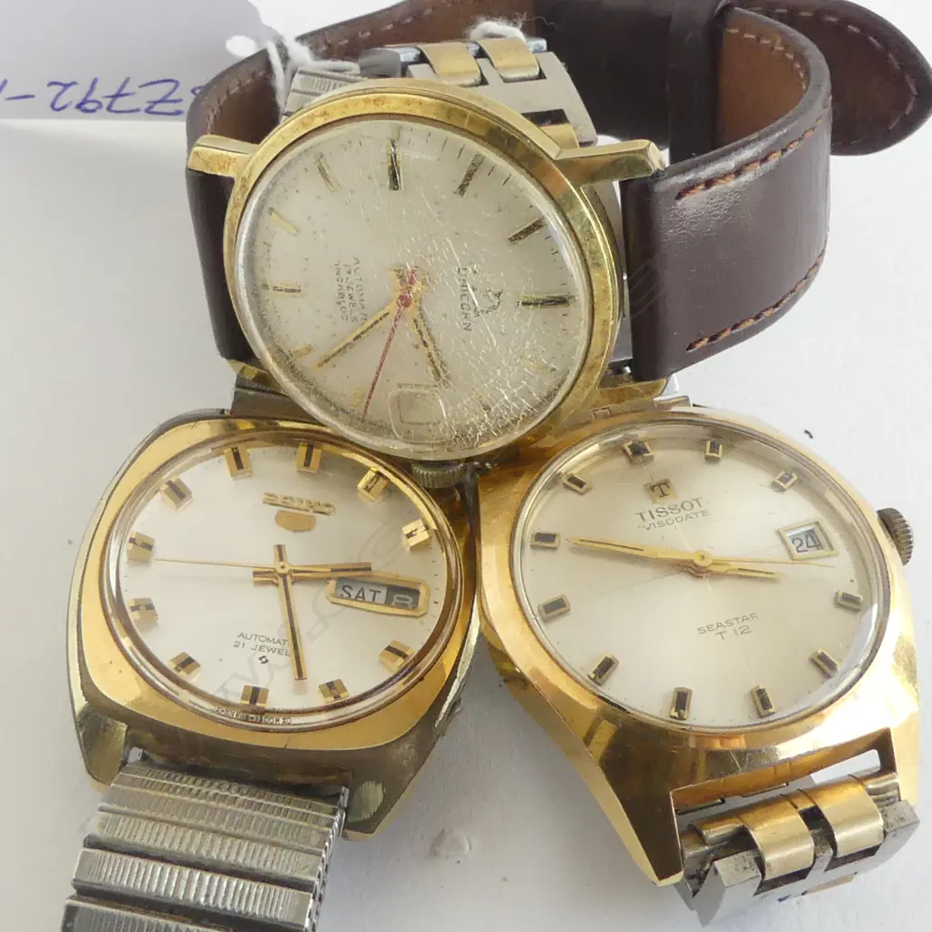 3 VINTAGE GENTS WRISTWATCHES: TISSOT VISODATE + SEIKO 5 + UNICORN Image 1++