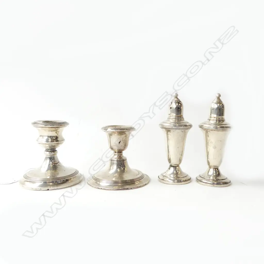 FOUR STG SILVER ITEMS – TWO CANDLEHOLDERS BIRMINGHAM 1911 & 1913, AND LARGE STG SALT AND PEPPER SHAKERS, (SOME DENTS), H Image 1++