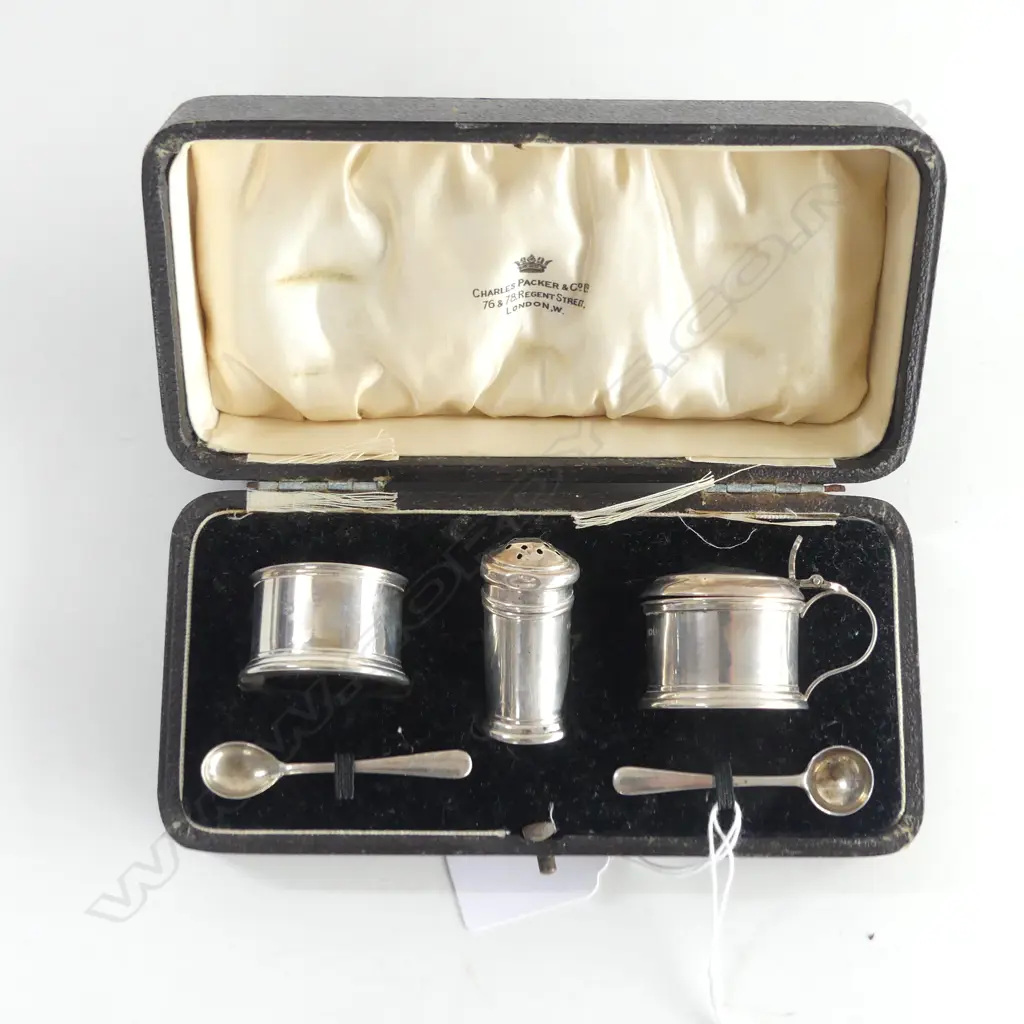 SILVER CASED CONDIMENT SET: mustard salt pepper + 2 spoons Image 1++