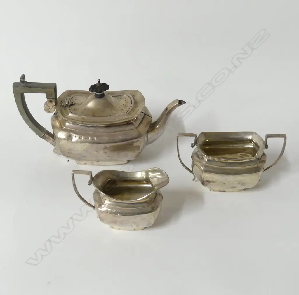 3 PCE STG SILVER TEASET; TEAPOT, MILK & SUGAR, B'HAM 1903 526gms Image 1++