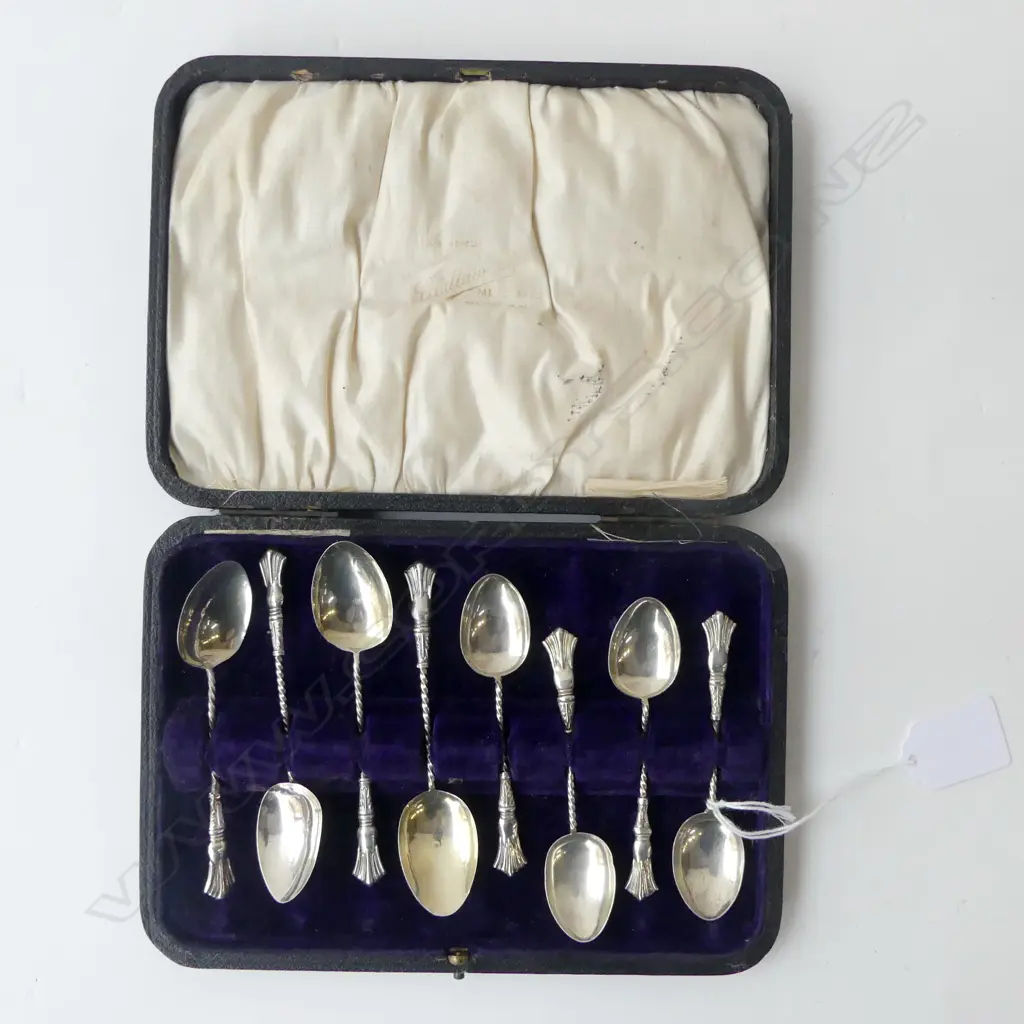 EIGHT STG SILVER FANCY TEASPOONS IN BOX BIRMINGHAM 1898 &1910   Image 1++