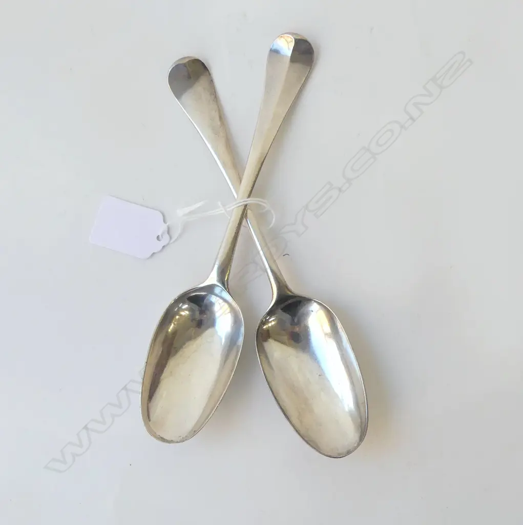 2 GEO. II STG SILVER TABLE SPOONS, LONDON 1732, 1752 140gms Image 1++