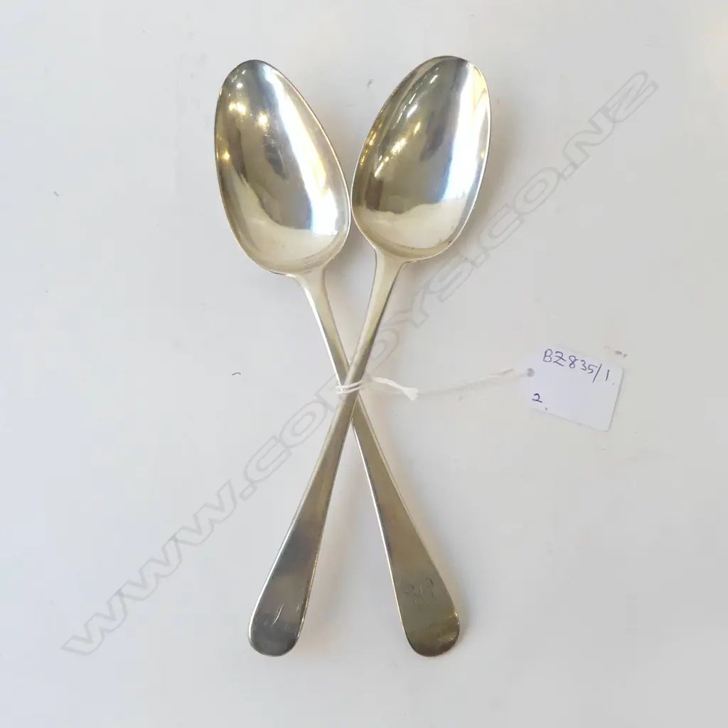 2 GEO. III STG SILVER TABLE SPOONS, LONDON 1784, 1790 132gms Image 1++