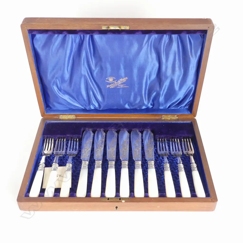 12 PCE MoP HANDLED FISH SET, CASED W.365mm Image 1++