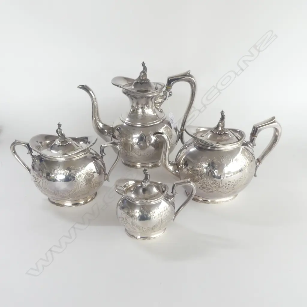 SILVER PLATE TEA & COFFEE SET w ORIENTAL GARDEN SCENE & ORIENTAL CHARACTER LID HANDLES James Dixon & Sons of Sheffield Image 1++