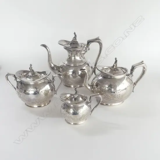 SILVER PLATE TEA & COFFEE SET w ORIENTAL GARDEN SCENE & ORIENTAL CHARACTER LID HANDLES James Dixon & Sons of Sheffield