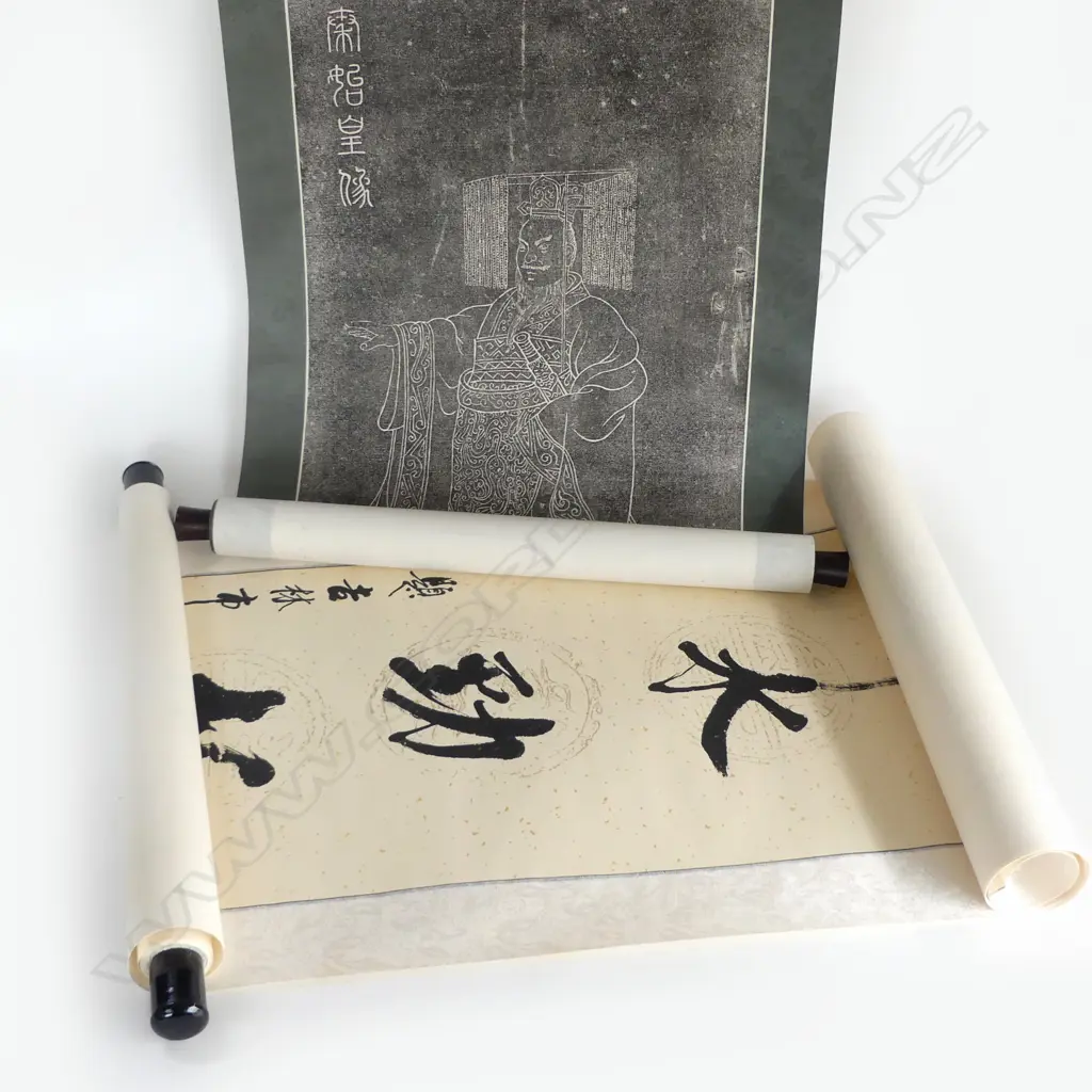 2 CHINESE SCROLLS: 1 CALLIGRAPHIC the other printed from a stone slab Image 1++