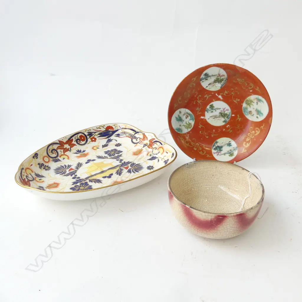 3 PCES CHINA; BOWL 110mm dia, SAUCER (REPAIRED), 19thC WEDGWOOD DISH PAGODA PATTERN W.225mm Image 1++