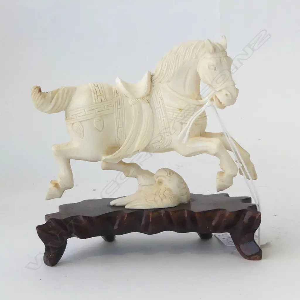 IVORY HORSE ON WOODEN STAND (REPAIRED) H.105mm Image 1++
