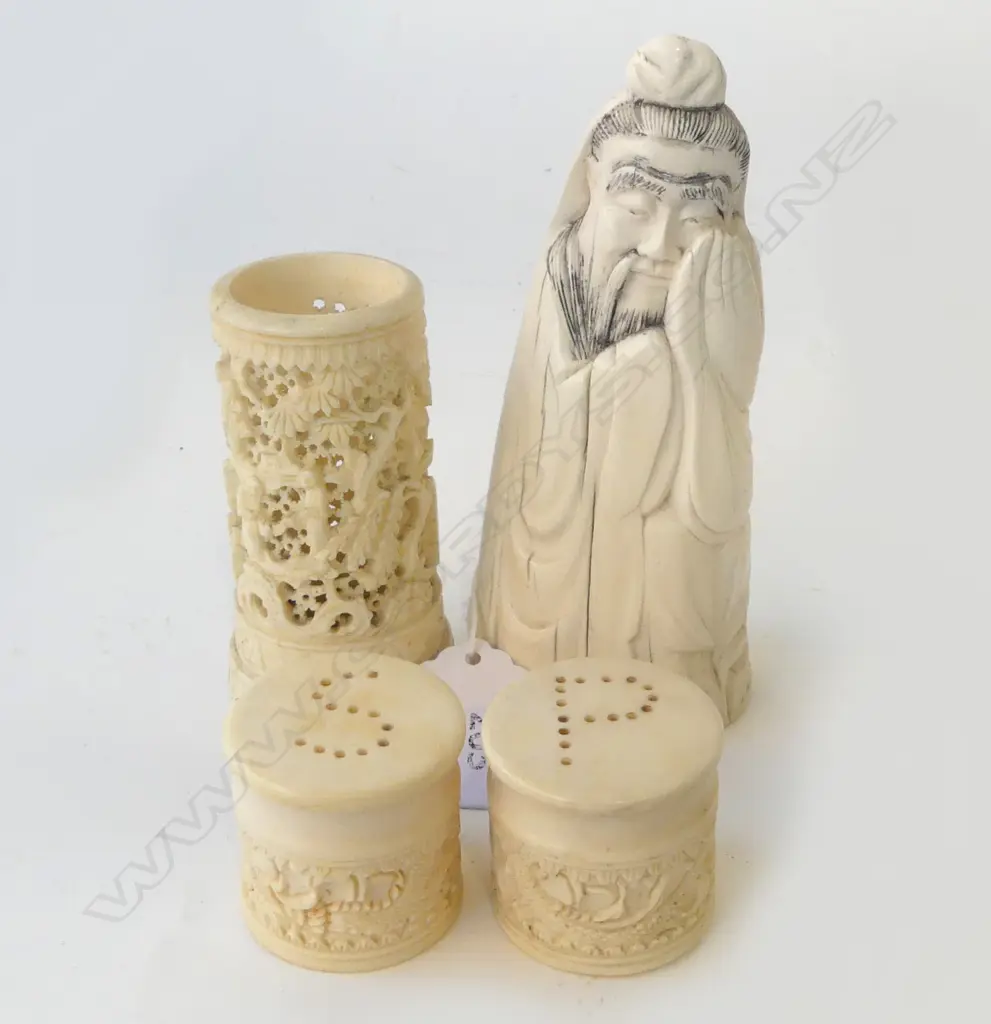 4 PCES IVORY; ORIENTAL FIGURE H.130mm. SALT & PEPPER, CONTAINER Image 1++