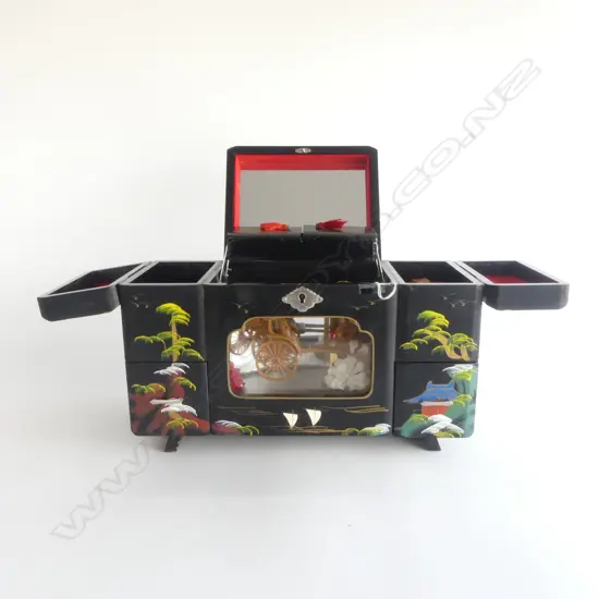 JAPANESE VINTAGE BLACK LACQUER FANCY JEWEL BOX music not working L.330mm