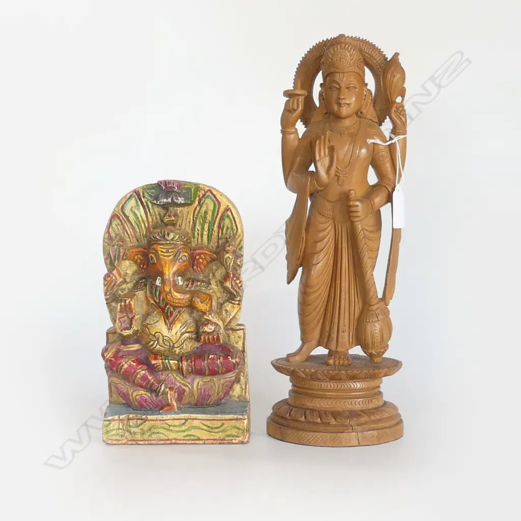 VINTAGE FINELY CARVED WOODEN STATUE OF LORD VISHNU, H.350mm & WOODEN GANESH FIGURE, PAINTED, H.220mm Image 1++