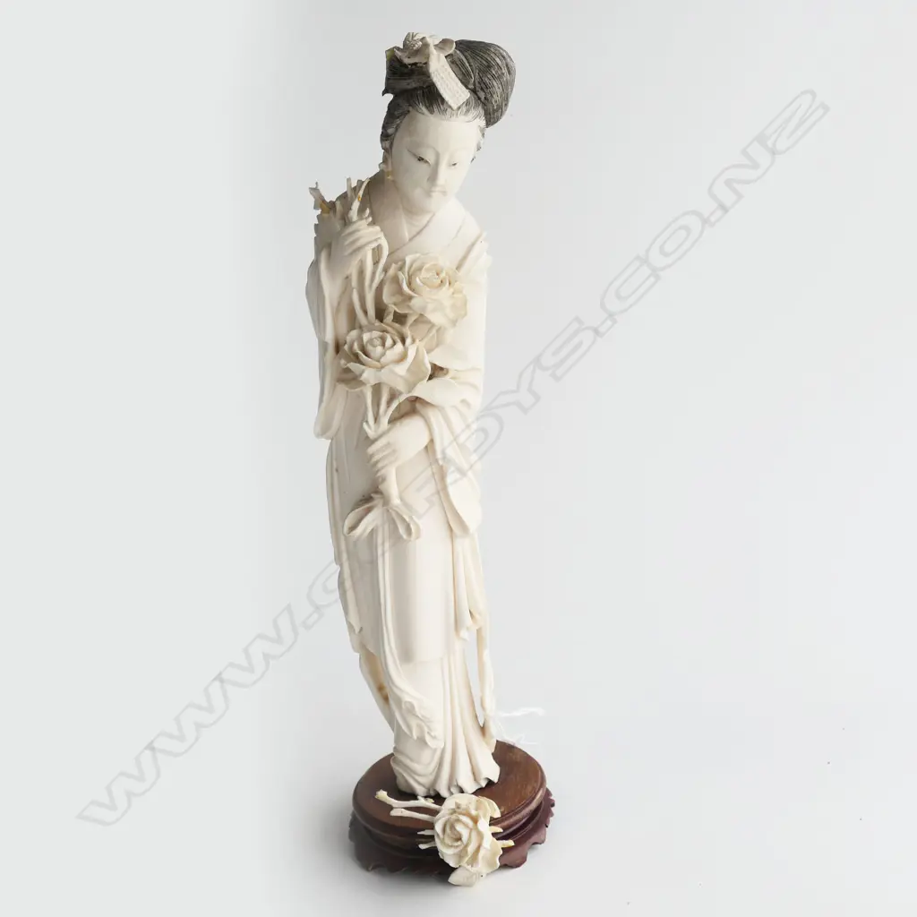(25435) IVORY CARVED GODDESS FIGURE w FLOWERS, H.300mm (broken stem needs repair) Image 1++