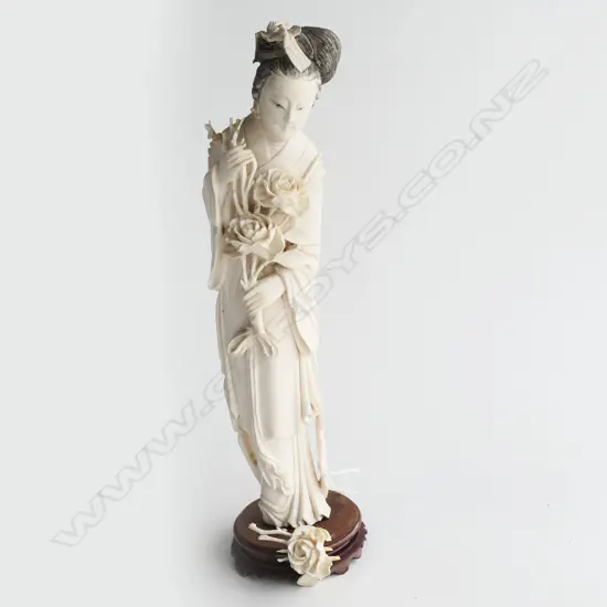 (25435) IVORY CARVED GODDESS FIGURE w FLOWERS, H.300mm (broken stem needs repair)