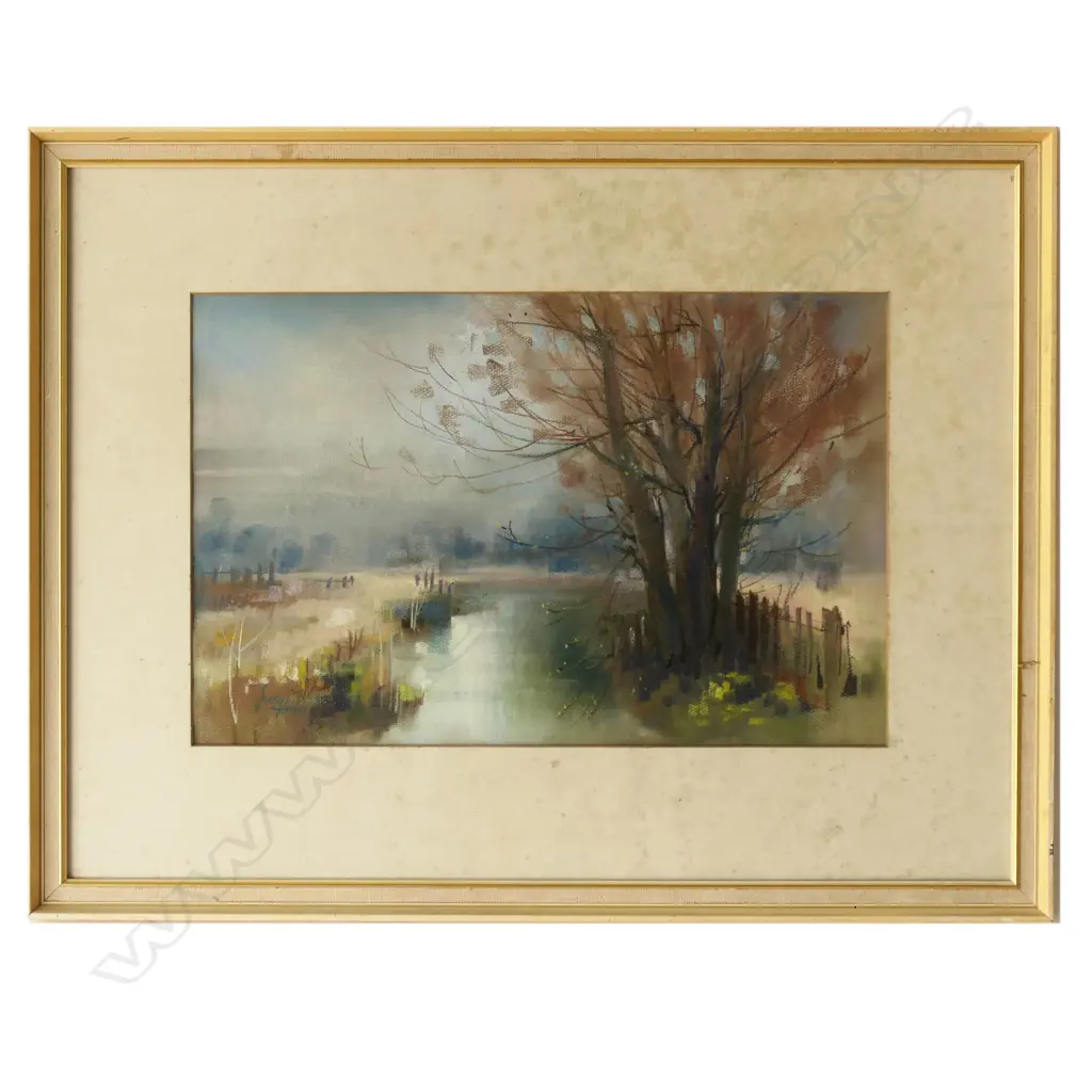 PASTEL RIVER SCENE SIGNED JUDY FLAME H320 L670MM Image 1++