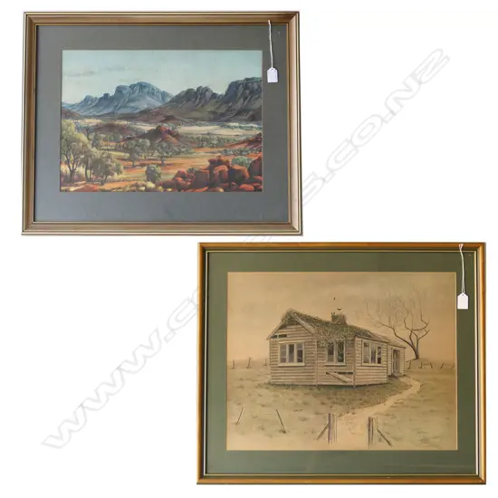 2 LG PRINTS; ALBERT NAMATJIRA LANDSCAPE 350x500mm, MARK DAWSON ABANDONED COTTAGE