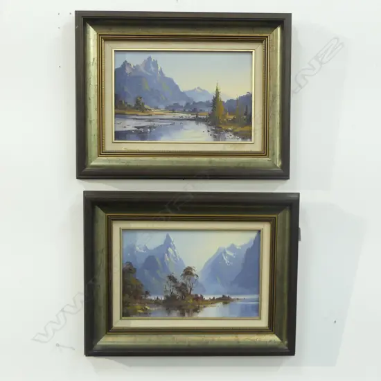 PR SIGNED ARTWORKS; MILFORD SOUND & MOUNTAIN SCENE, OIL ON BOARD 195x300mm