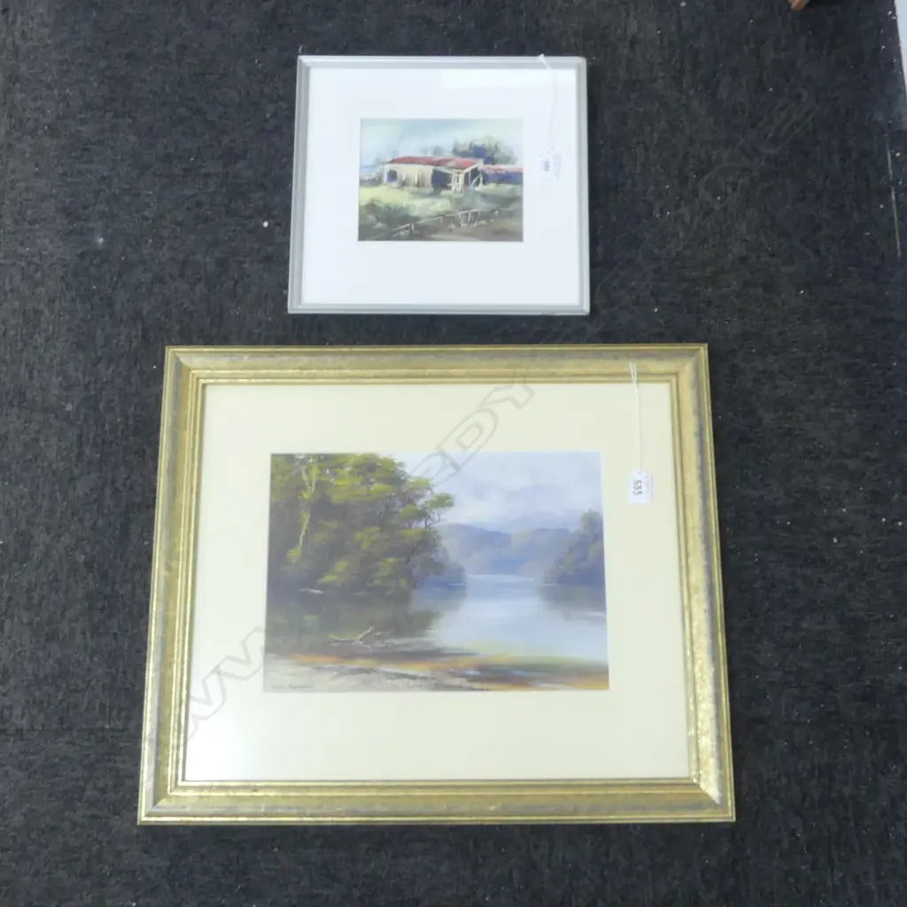 2 ARTWORKS; MARGOT MOUNTAIN, SHED, PAPATOETOE, INK & WASH '91 145x180mm, JOYCE ATKINSON, BUSH LANDSCAPE, OIL 245x345mm Image 1++