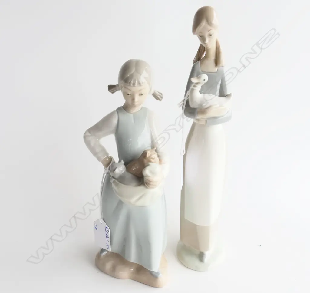 PR NAO FIGURINES; YOUNG GIRL w KITTENS & TALL GIRL w DUCK H.280mm Image 1++