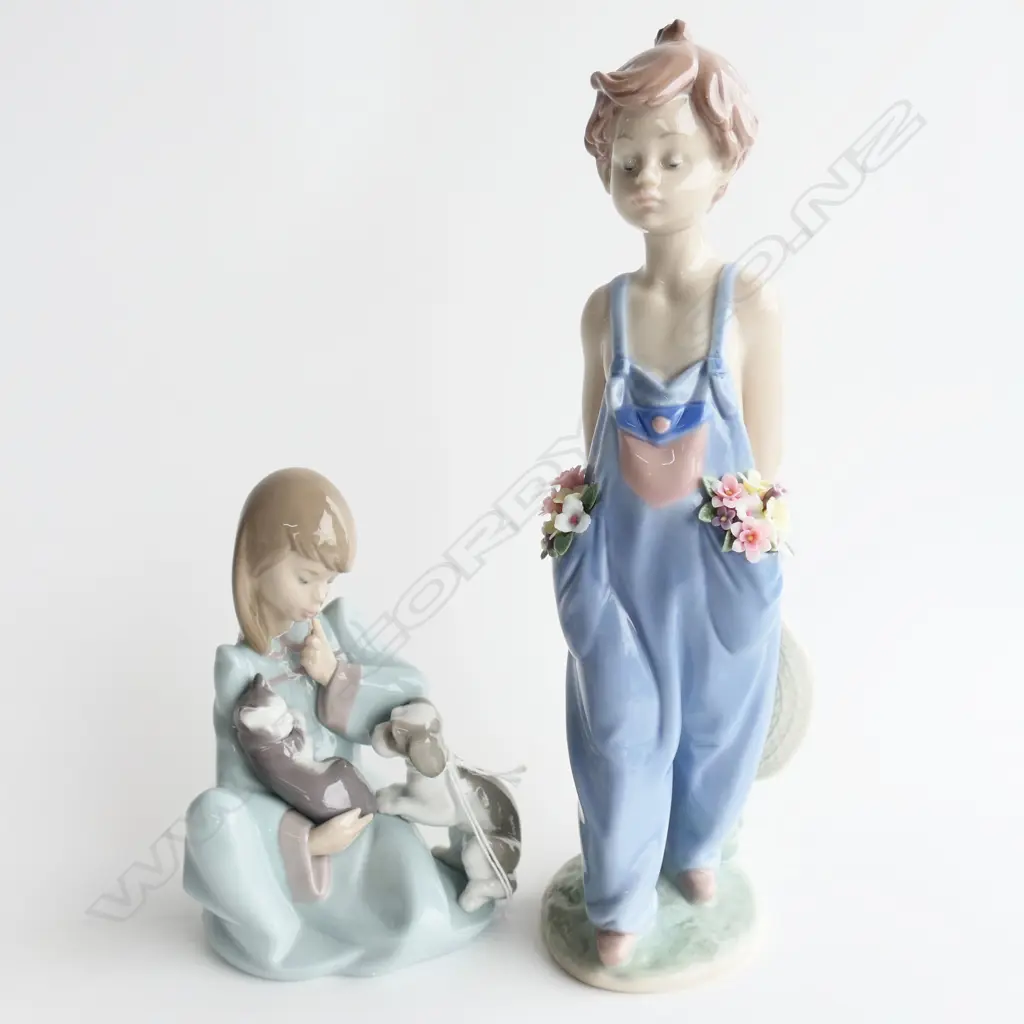 PR LLADRO FIGURES; TOMBOY w FLOWERS IN POCKETS H.250mm & YOUNG GIRL w PUPPY & CAT Image 1++