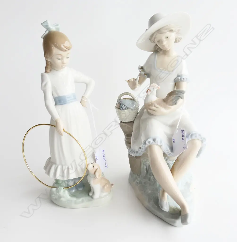 PR NAO FIGURINES; LADY WITH BIRD & BASKET H.240mm & YOUNG GIRL w HOOP & PUPPY Image 1++