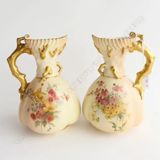 PR ROYAL WORCESTER EWERS w GILT HANDLES & HAND PAINTED FLOWERS, H.180mm
