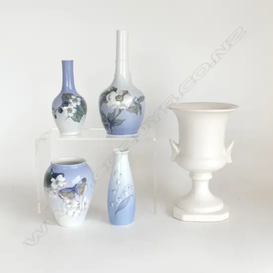 5 VASES; 3 R. COPENHAGEN (LARGEST w. HAIRLINES), B&G H.195mm, CROWN LYNN WHITE URN #665 H.205mm 