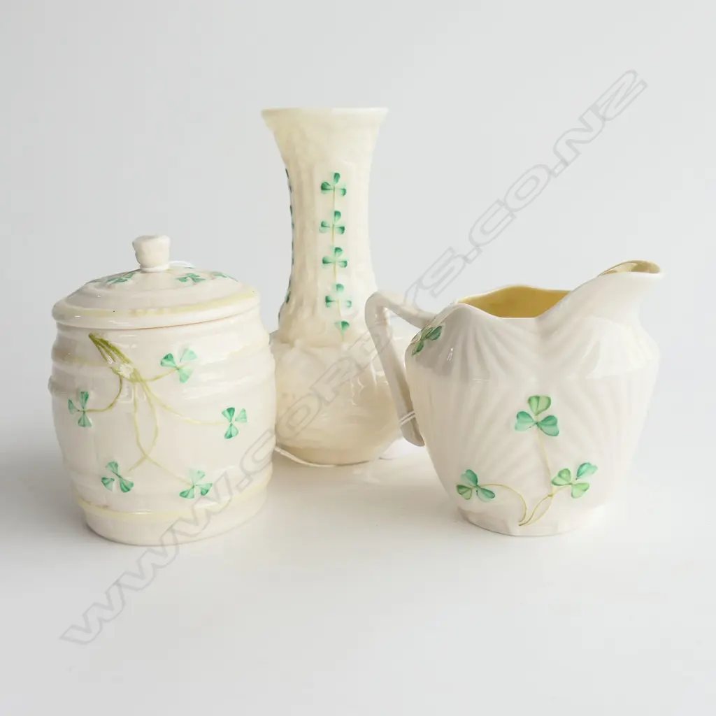 3PCS SHAMROCK PAT GREEN MARKED BELLECK CHINA VASE H130MM LIDDED BARREL H100MM & JUG H80MM Image 1++