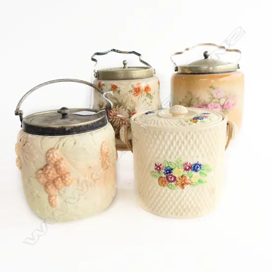 4 EDWARDIAN BISCUIT BARRELS  H180MM TALLEST