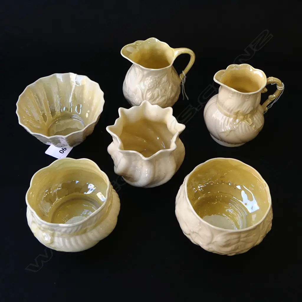 2 BELLECK  GREEN MARK CREAM SUGARS H80MM & 2 SMALL BELLECK BOWLS  DIA 95 LARGEST Image 1++