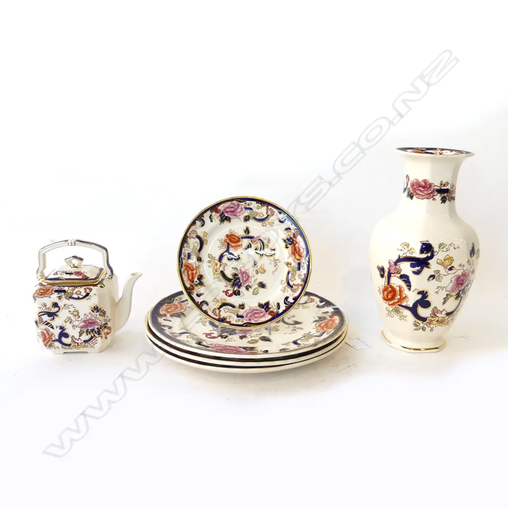 3 MASON CHINA  RACK PLATES DIA260MM BREAD PLATE DIA170MM VASE H250MM& TEAPOT H150MM MANDALAY PAT Image 1++