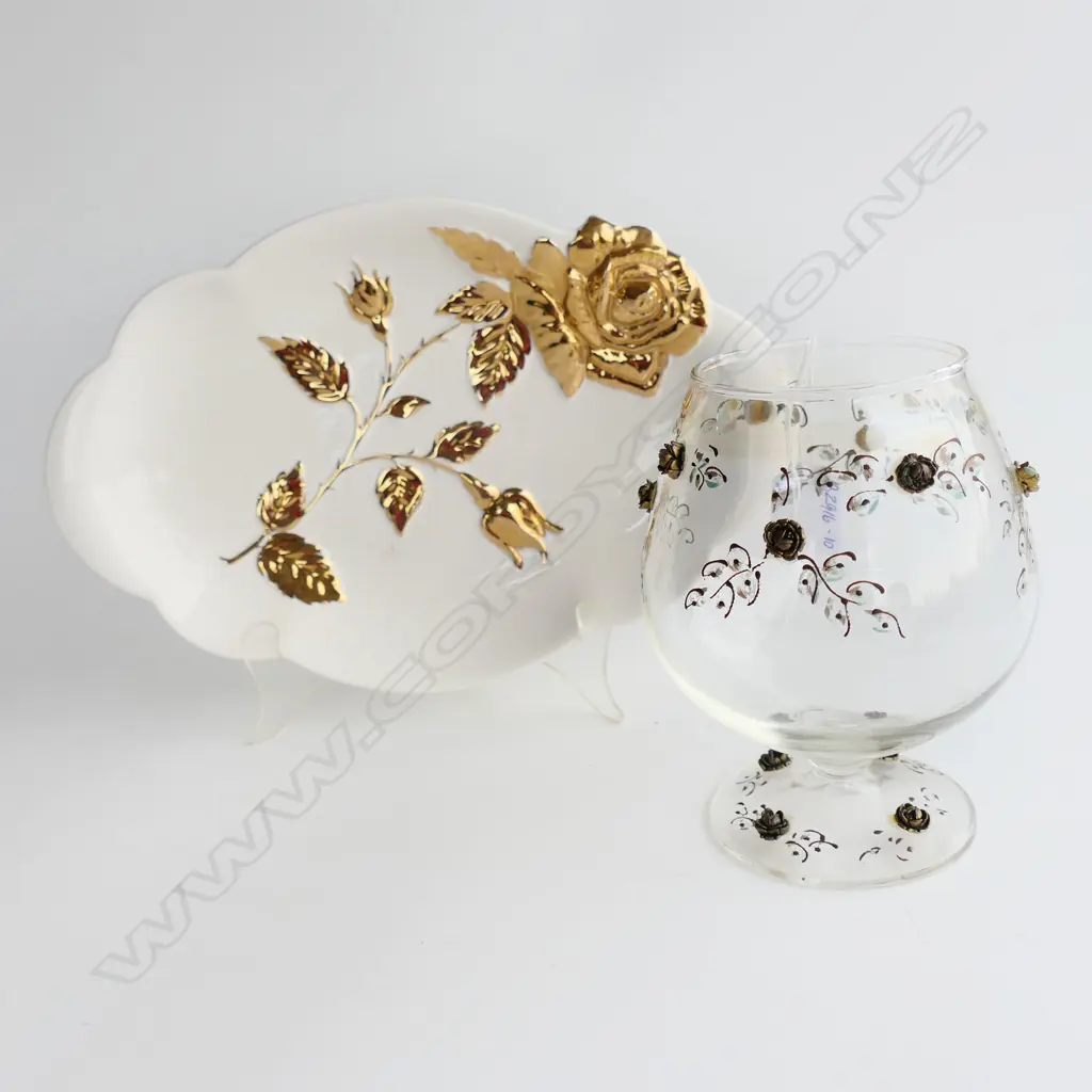 ROYAL WINTON PLATE w GOLD ROSE & ORMOLU STUDDED GLASS GOBLET Image 1++