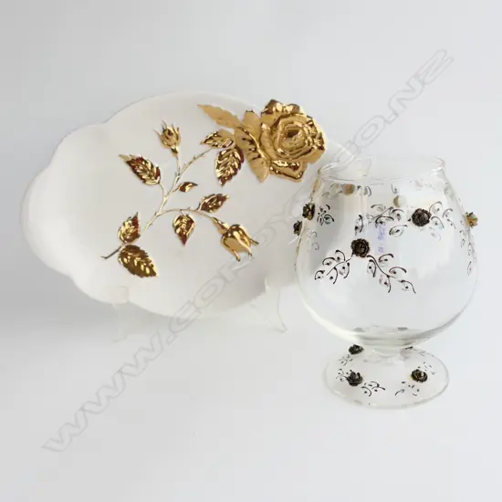 ROYAL WINTON PLATE w GOLD ROSE & ORMOLU STUDDED GLASS GOBLET