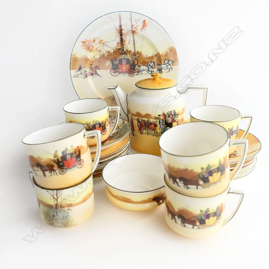 RD COACHING PAT TEASET TEAPOT H160MM SANDWICH PLATE  DIA230MM 6CSPS & SUGAR BOWL Image 1++